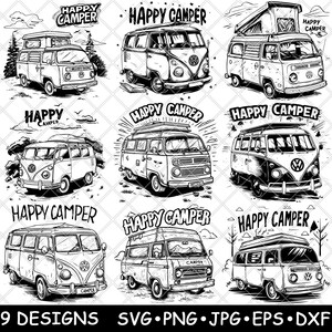 Retro busje Happy Camper zin road trip reizen avontuur laserbestand SVG PNG JPG grijswaarden afbeelding branden gesneden vector Coaster zwart wit CNC hout