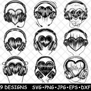 Hart Audio Geluidsgolf Koptelefoon Muziek Liefde Ritme Beat Laserbestand SVG PNG JPG Grijswaarden Afbeelding branden knippen Vector Onderzetter Zwart Wit Cnc hout