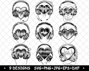 Headphones Heart SVG Bundle Music Pulse Clipart Soundwave Love Designs Laser Engraving Art Print