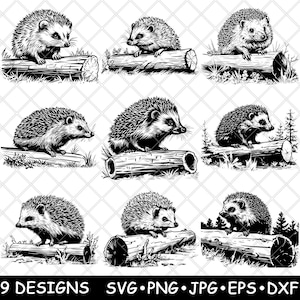 Hérisson bûche faune mignon épineux animal des bois épineux fichier laser SVG PNG JPG niveaux de gris gravure image coupe vecteur sous-verre noir blanc cnc bois