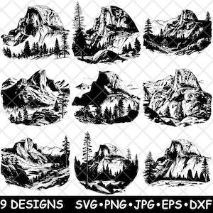 May include: Nine black and white silhouette designs of Half Dome, a granite dome in Yosemite National Park, California. Each design features a different perspective of the mountain, with some including trees and other natural elements.