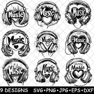 Hart Hoofdtelefoon Muziek Audioliefhebber Zingen Dj Mix Muzikaal Laserbestand SVG PNG JPG Grijswaarden Afbeelding branden gesneden Vector Onderzetter Zwart wit CNC hout
