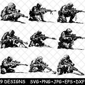 Atirador de elite militar atirador de elite atirador de elite tático exército pose laser arquivo SVG PNG JPG escala de cinza imagem queimada corte vetor porta-copos preto branco cnc madeira