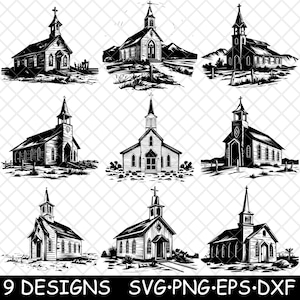 Puede incluir: Nueve ilustraciones en blanco y negro de iglesias con diferentes estilos arquitectónicos. Cada iglesia está situada sobre un fondo sencillo con árboles y hierba.