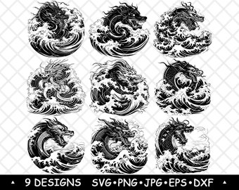 Dragon Wave SVG Japanese Ocean Files Mythical Sea Creature Clipart Tattoo Laser Engraving Designs