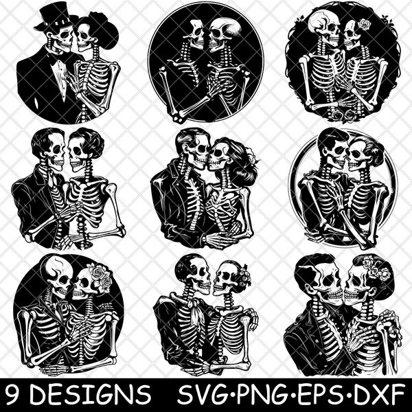 Skelet paar liefhebbers Partner Halloween schedel botten Coaster zwart wit laserbestand SVG PNG grijswaarden branden afbeelding knippen Cricut Coaster Cnc hout