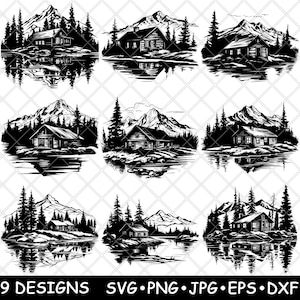 Rustieke blokhut houtscène vallei bergmeer landschap kamp SVG, dxf, eps, png, cricut, silhouet, snede, laser, stencil, opstrijkbare, clipart, print