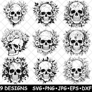 May include: Nine black and white skull designs with floral accents. Each skull is surrounded by flowers and leaves. The skulls are all facing forward and have a similar design.