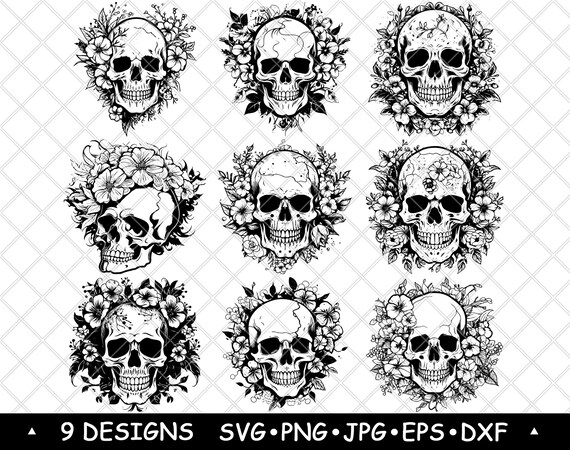 Floral Skull Vector Art - Gothic Floral Design for Stickers, Prints & Engraving