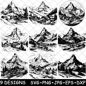Alpine Mountain Village Clipart Bundle | Snowy Peak Landscape Vectors for Laser Engraving & Crafts