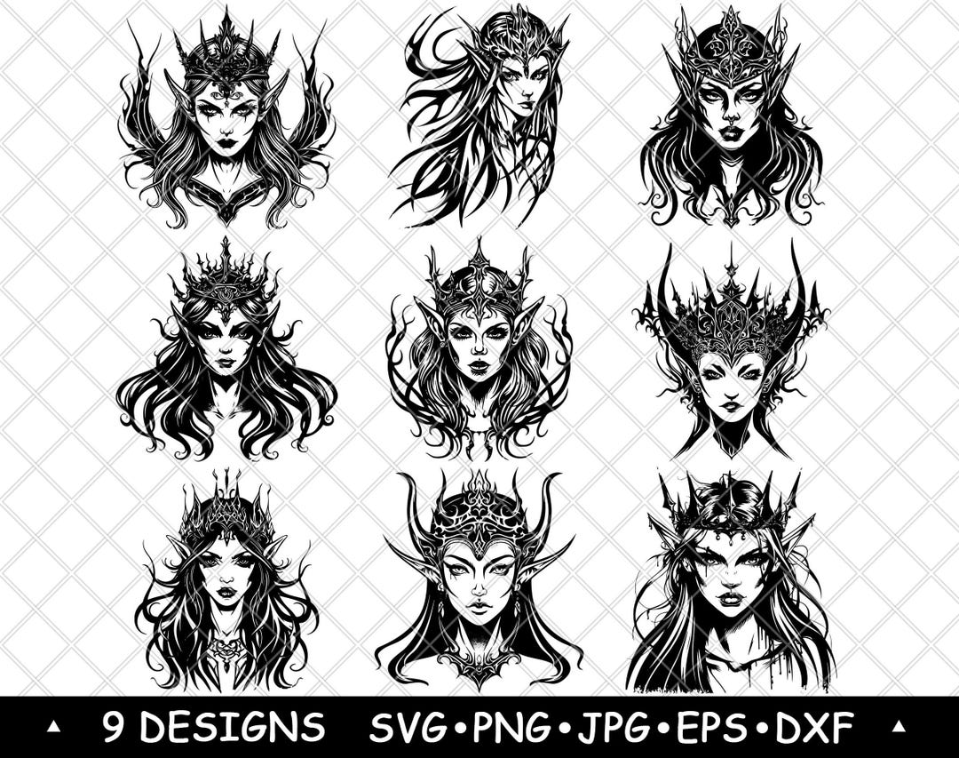 Elf Queen Vector Dark Elf Queen Bundle Gothic Fantasy Woman Clipart Horned Crown ...