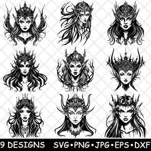 May include: Nine black and white illustrations of crowned female figures with intricate details. Each figure has a unique crown and hairstyle. The figures are in a variety of poses, some with their hair flowing and others with their hair pulled back. The illustrations are perfect for use in digital or physical crafts.