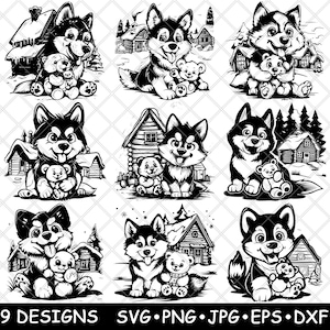Little Siberian Husky Snow Canine Cartoon Dog Teddy Bear Laser File SVG PNG JPG Grayscale Burn Image Cut Vector Coaster Black White Cnc Wood