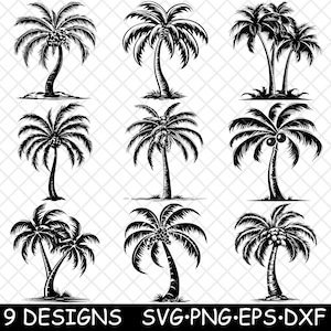 Palmera de coco Árbol tropical Isla Hawái Asiático Costero Archivo láser SVG PNG JPG Escala de grises Quemar imagen Cortar Vector Posavasos Negro Blanco Cnc Madera