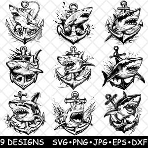 Shark Anchor Nautical Predator Great White Anchor-emblemset för klistermärken och lasergravyr