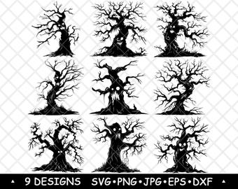 Spooky Tree Haunted Forest Clipart, Black White Halloween Nature Vector for Stickers, Prints, Engraving