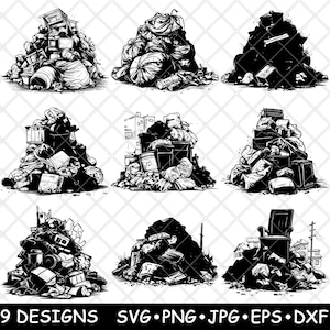 Peut inclure: Neuf illustrations en noir et blanc de différents tas d'ordures. Chaque tas a une forme et une taille différentes et comprend divers objets tels que des sacs, des boîtes et des canettes.