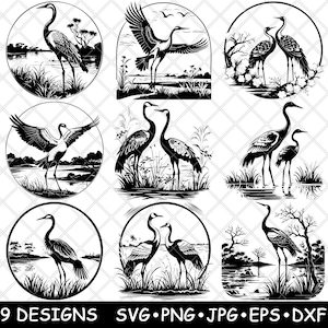 Grue oiseau héron grande aigrette pâtissière volaille des marais des marais SVG, Dxf, Eps, PNG, Cricut, Silhouette, Découpe, Laser, pochoir, Thermocollant, Clipart, impression