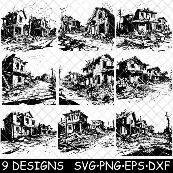 Abandoned Building Wrecked Homes Ruin Fire Scene Board Coaster Black White SVG,Dxf,Eps,PNG,Glowforge,Lightburn,Cut,Laser,Engrave,Iron-on,Cnc