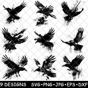 May include: Nine black and white crow silhouettes with a grunge, splattered paint effect. The crows are in various flying poses.