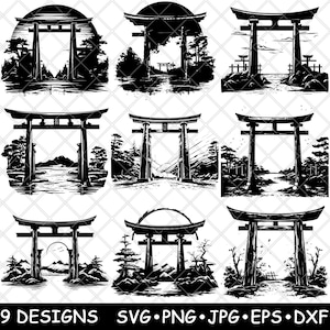 Pode incluir: Nove designs em silhueta preto e branco de um portão torii japonês tradicional. Cada design apresenta uma cena de paisagem diferente, incluindo montanhas, água e árvores.
