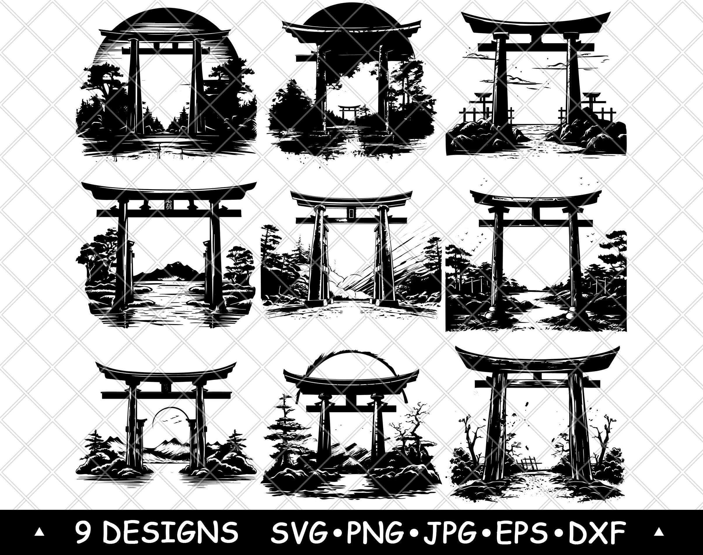 Torii Gate Bundle Japanese Shrine SVG PNG Black and White Temple