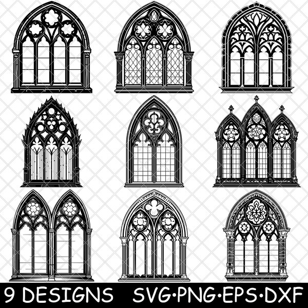 Gothic Window Template Cathedral Church Arch Ogee Tracery Glass SVG,Dxf,Eps,PNG,Cricut,Silhouette,Cut,Laser,Stencil,Iron-on,Clipart,Print