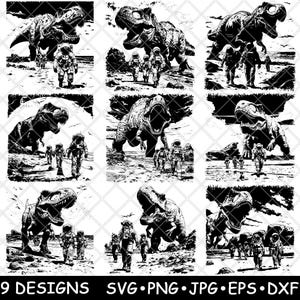 T-rex dinosaurusastronaut Sci-fi ruimteavontuur fantasie laserbestand SVG PNG JPG grijswaarden afbeelding branden gesneden vector onderzetter zwart wit cnc hout