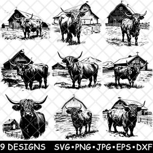 May include: Nine black and white digital illustrations of Highland cattle standing in front of red barns. The cattle are facing forward with their heads up. The barns have white trim and windows. The illustrations are set against a white background.