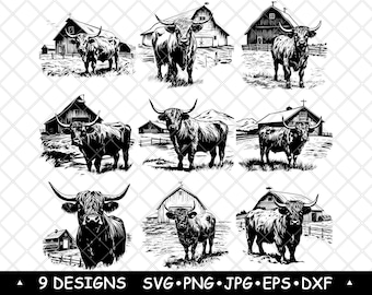 Highland Cow Farm SVG Bundle Rustic Cattle Clipart Barnyard Animal Vector Farmhouse Laser Decor