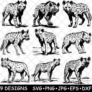 Hyena vleesetende bruine jacht Safari Wildlife Predator Laserbestand SVG PNG JPG grijswaarden afbeelding branden gesneden vector Coaster zwart wit CNC hout
