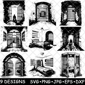 Gevangeniscel gevangenis kerker opsluiten penitentiaire inrichting laserbestand SVG PNG JPG grijswaarden afbeelding branden gesneden Cricut Coaster zwart wit CNC hout
