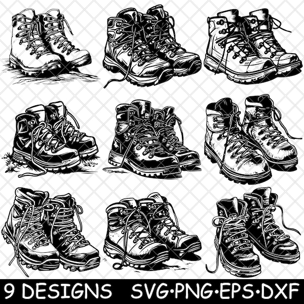 Randonnée Bottes Chaussures Outdoor Trekking Trail Adventure PNG, SVG, EPS-Cricut-Silhouette-Cut-Engrave-Stencil-Sticker, Decal, Vector, Clipart, Print