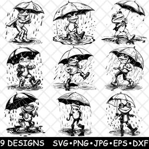SVG-Bundle „Regenfrosch“, Regenschirmkröte, Pfütze, Tier-Cliparts, Frühling, Lasergravur, Cricut-Designs