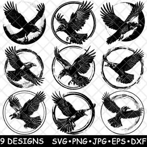 Vliegende raaf nachtelijke gotische roofvogel wilde aviaire laserbestand SVG PNG JPG grijswaarden afbeelding branden gesneden vector Coaster zwart wit CNC hout