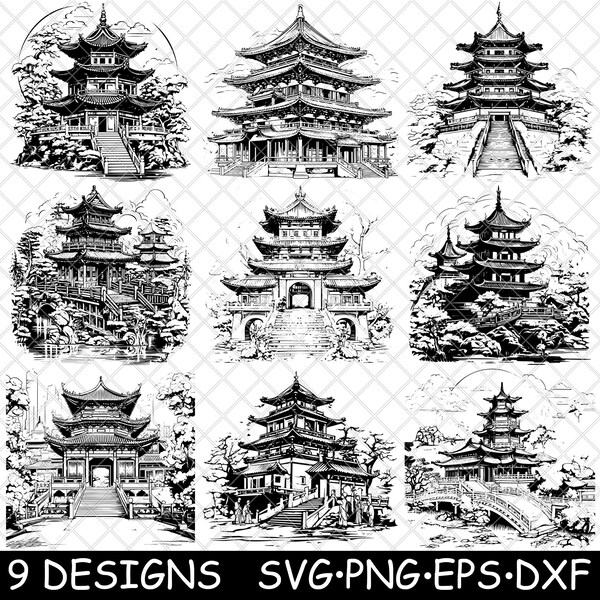 Japanese Temple Pagoda Chinese Asian Shrine Village Coaster Black White Laser File SVG PNG Grayscale Burn Image Cut Cricut Coaster Cnc Wood