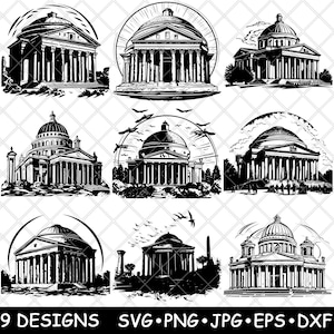 Puede incluir: Nueve ilustraciones en blanco y negro de un edificio con una cúpula. El edificio es una iglesia o catedral con columnas y una gran cúpula. Las ilustraciones son de estilo vintage.