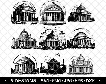 Puede incluir: Nueve ilustraciones en blanco y negro de un edificio con una cúpula. El edificio es una iglesia o catedral con columnas y una gran cúpula. Las ilustraciones son de estilo vintage.