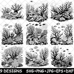Coral Reefs Colony Undersea Ecosystem Marine Fish Ocean Laser File SVG PNG JPG Grayscale Burn Image Cut Vector Coaster Black White Cnc Wood