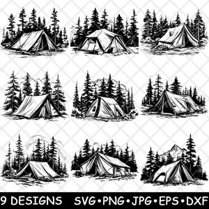 Kamperen Tent Buiten Retraite Bos Bomen Camping Wandelen Laserbestand SVG PNG JPG grijswaarden Afbeelding branden gesneden vector Coaster zwart wit CNC hout