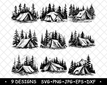 Forest Camping Tent Rustic Campsite SVG PNG Pine Woodland Shelter Clipart Cricut Laser Engraving