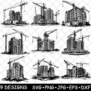 Bouwplaats gebouw torenkraan staal Engineering laserbestand SVG PNG JPG grijswaarden afbeelding branden gesneden vector Coaster zwart wit CNC hout