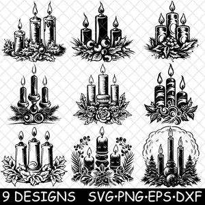 Świece świąteczne Zimowe świąteczne świece Sezon Yule Plik laserowy SVG PNG JPG Skala szarości Wypal obraz Wytnij wektor Podkładka Czarny Biały Cnc Drewno