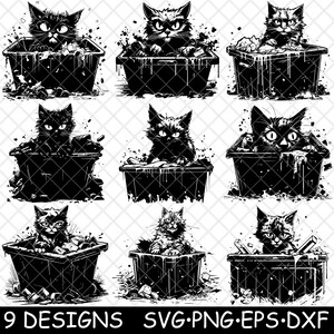 Contenedor de basura Gato Basurero Callejón de carroña Felino callejero Mascota Archivo láser SVG PNG JPG Escala de grises Imagen quemada Cortar Vector Posavasos Negro Blanco Cnc Madera