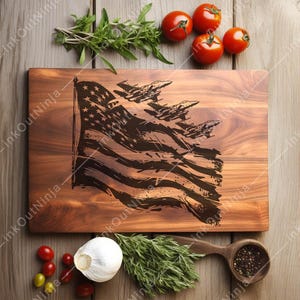 May include: A wooden cutting board with a distressed American flag design and a group of airplanes flying over the flag. The board is surrounded by green herbs and red tomatoes.