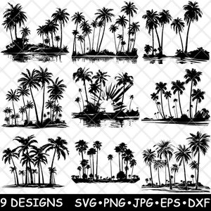 Palmera, coco, isla tropical, playa, paraíso, océano, mar, planta, SVG, Dxf, Eps, PNG, Cricut, silueta, corte, láser, plantilla, termoadhesivo, clipart, impresión