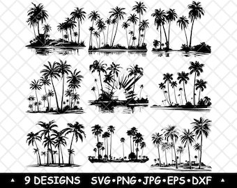 Tropical Palm Tree Island Silhouettes 9 Vector Clipart for Cricut Laser Cut Wall Art & Stickers