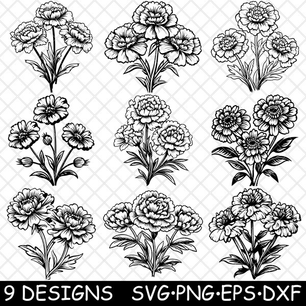 Marigold Tagetes Flower Golden Bloom Bouquet Garden PNG,SVG,EPS,Cricut,Silhouette,Cut,Engrave,Stencil,Sticker,Decal,Vector,Clipart,Print