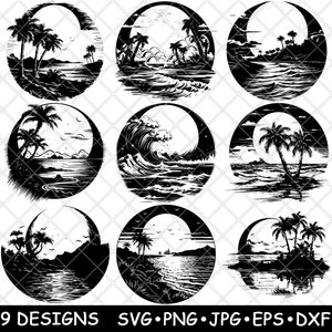 Tropischer Strand Horizont Ozean Wellen Meeresküste Palmen Laser Datei SVG PNG JPG Graustufen Brennen Bild Schnitt Untersetzer Schwarz Weiß Cnc Holz