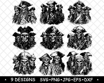 Skeleton Pirate Crew Undead Buccaneer SVG PNG Gothic Corsair Clipart Cricut Laser Engraving Art